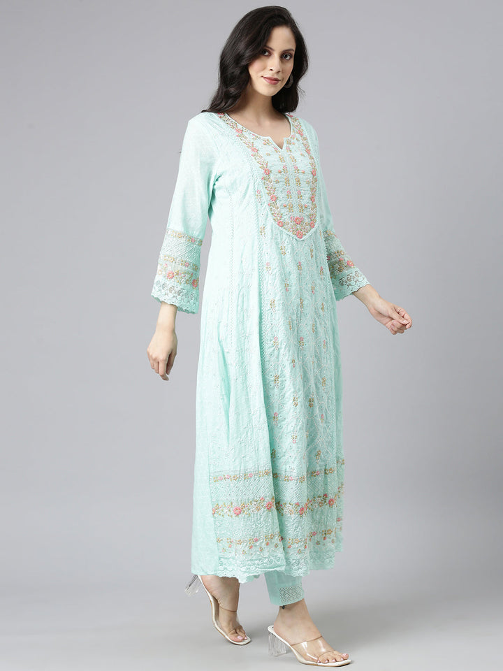 Neerus Sea Green Yoke Design Anarkali Kurta and Trousers With Dupatta