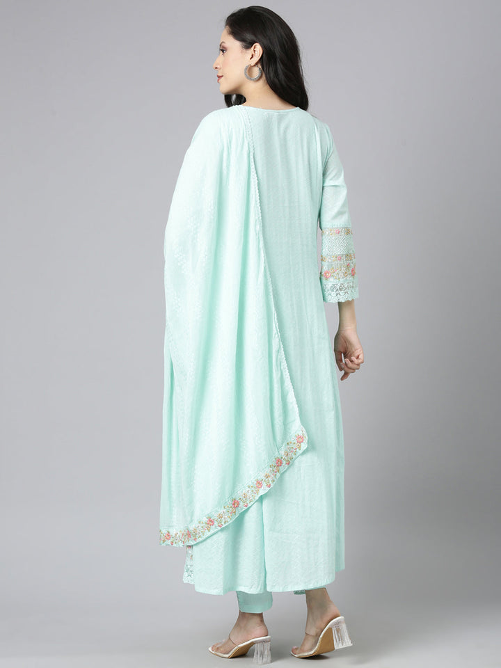 Neerus Sea Green Yoke Design Anarkali Kurta and Trousers With Dupatta
