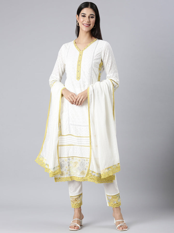 Neerus White Solid Straight Kurta and Trousers With Dupatta