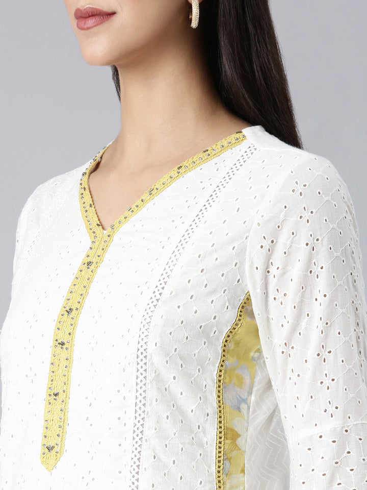 Neerus White Solid Straight Kurta and Trousers With Dupatta