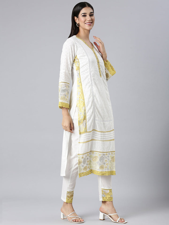 Neerus White Solid Straight Kurta and Trousers With Dupatta