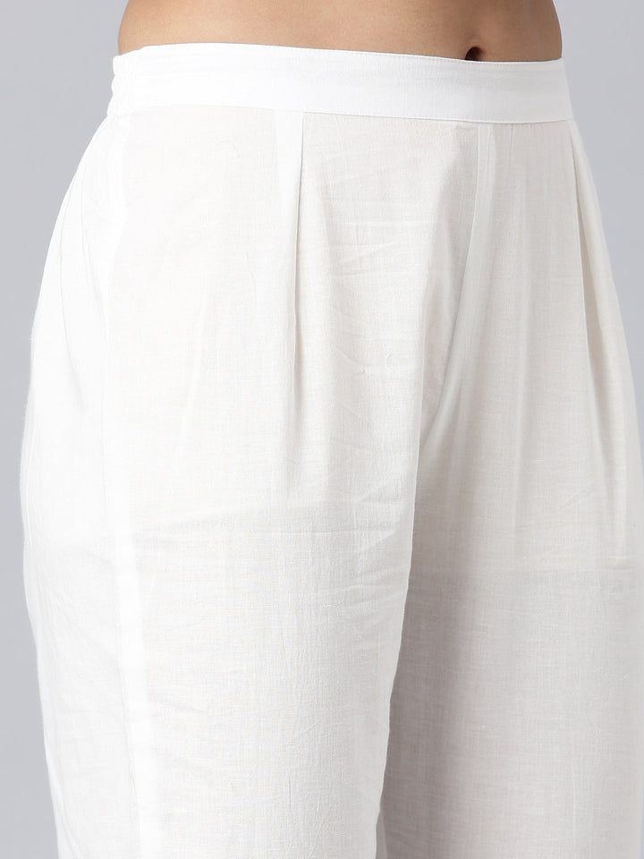Neerus White Solid Straight Kurta and Trousers With Dupatta
