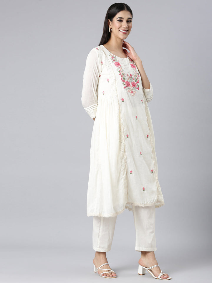 Neerus Off White Solid Curved Kurta and Trousers With Dupatta