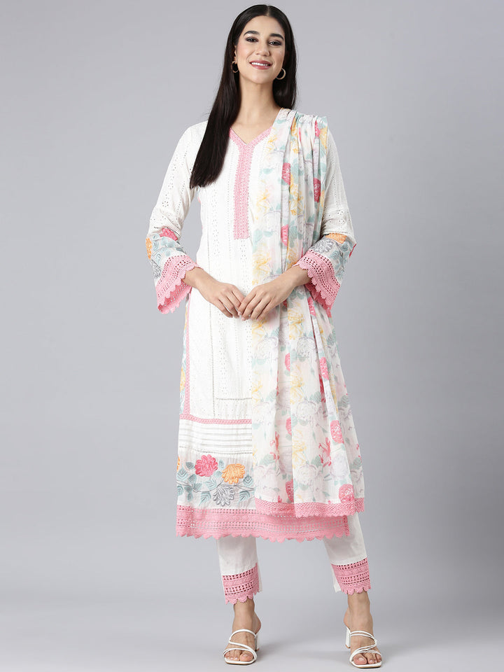 Neerus White Solid Straight Kurta and Trousers With Dupatta