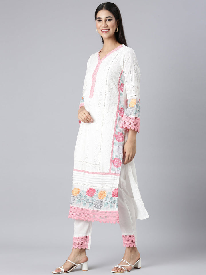 Neerus White Solid Straight Kurta and Trousers With Dupatta