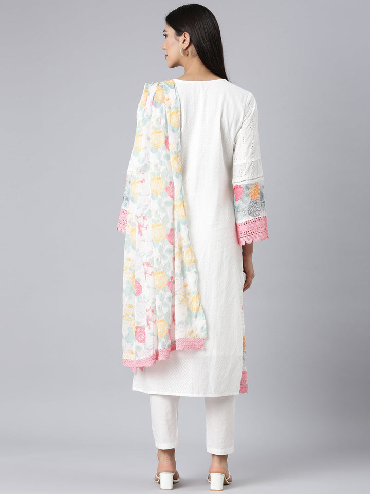 Neerus White Solid Straight Kurta and Trousers With Dupatta