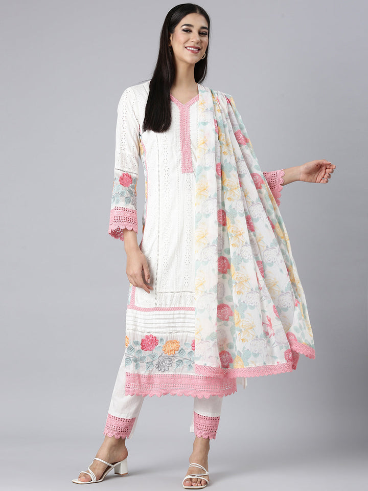 Neerus White Solid Straight Kurta and Trousers With Dupatta