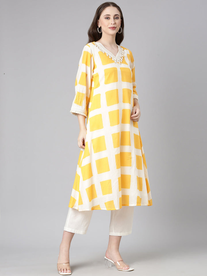 Neerus Orange Checked Straight Kurta and Trousers With Dupatta
