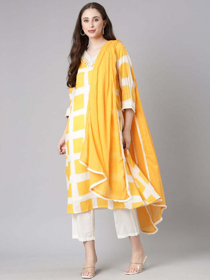 Neerus Orange Checked Straight Kurta and Trousers With Dupatta