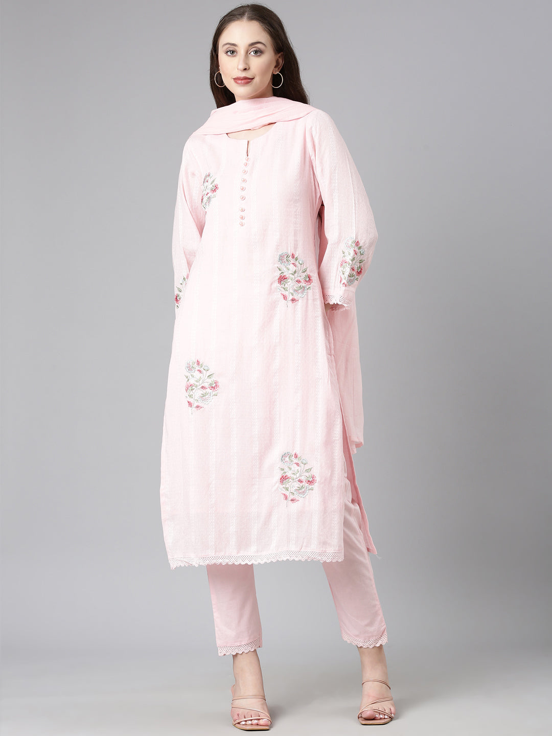 Neerus Pink cotton solid straight suit set - front view