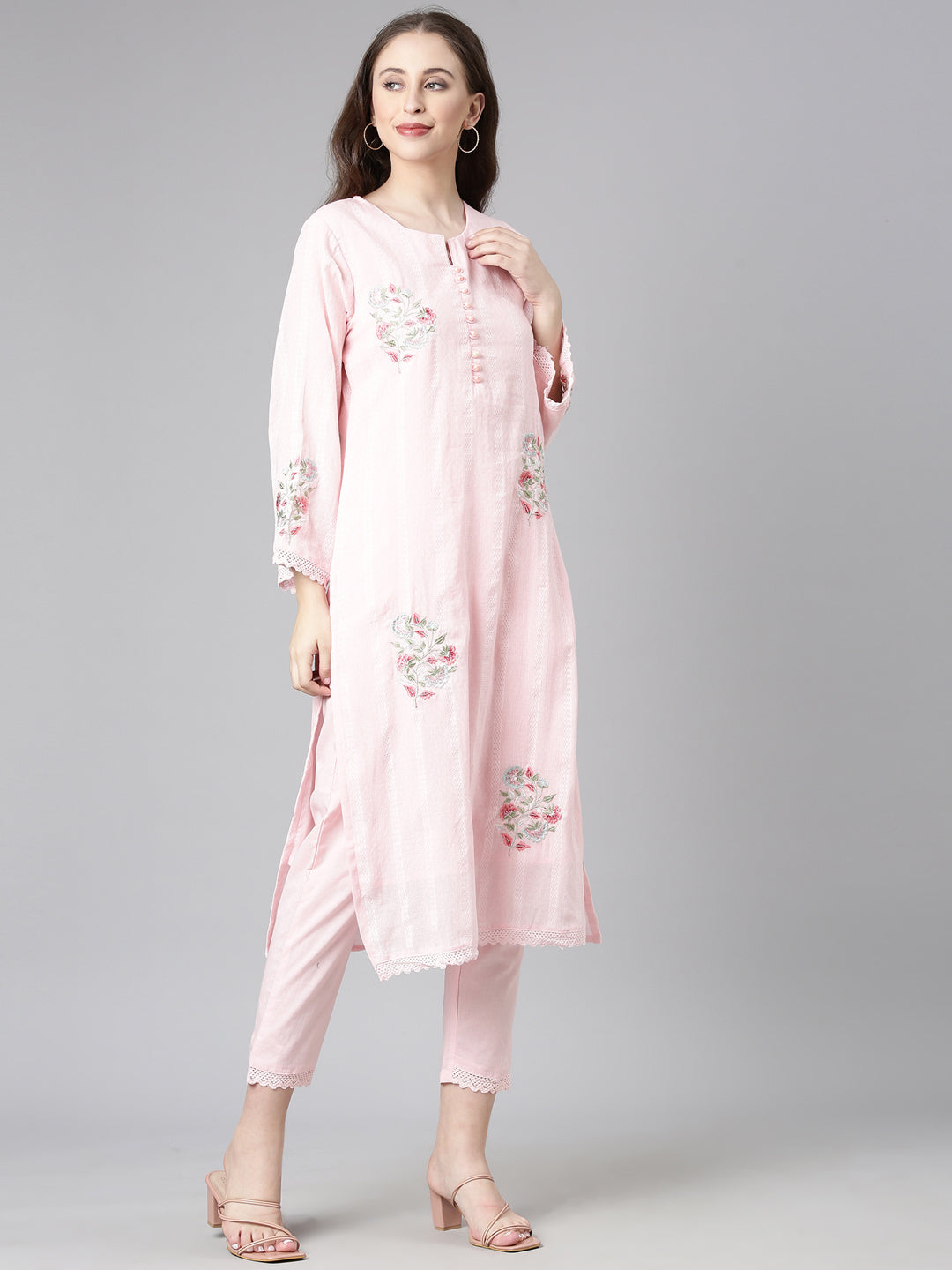 Neerus Pink cotton solid straight suit set - back view