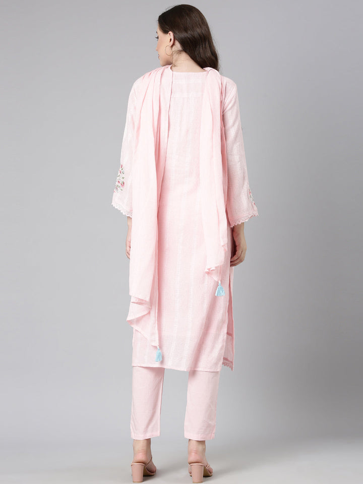 Neerus Pink cotton solid straight suit set - side view
