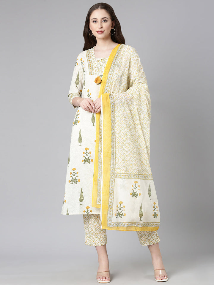 Neerus Cream Printed Straight Kurta and Trousers With Dupatta