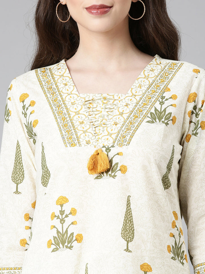 Neerus Cream Printed Straight Kurta and Trousers With Dupatta