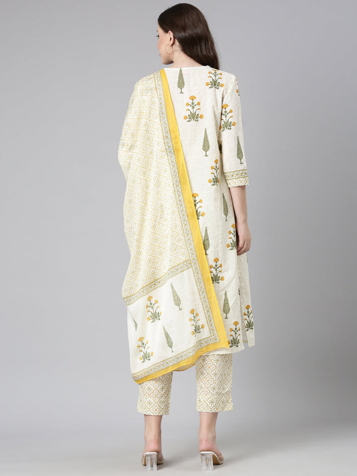 Neerus Cream Printed Straight Kurta and Trousers With Dupatta