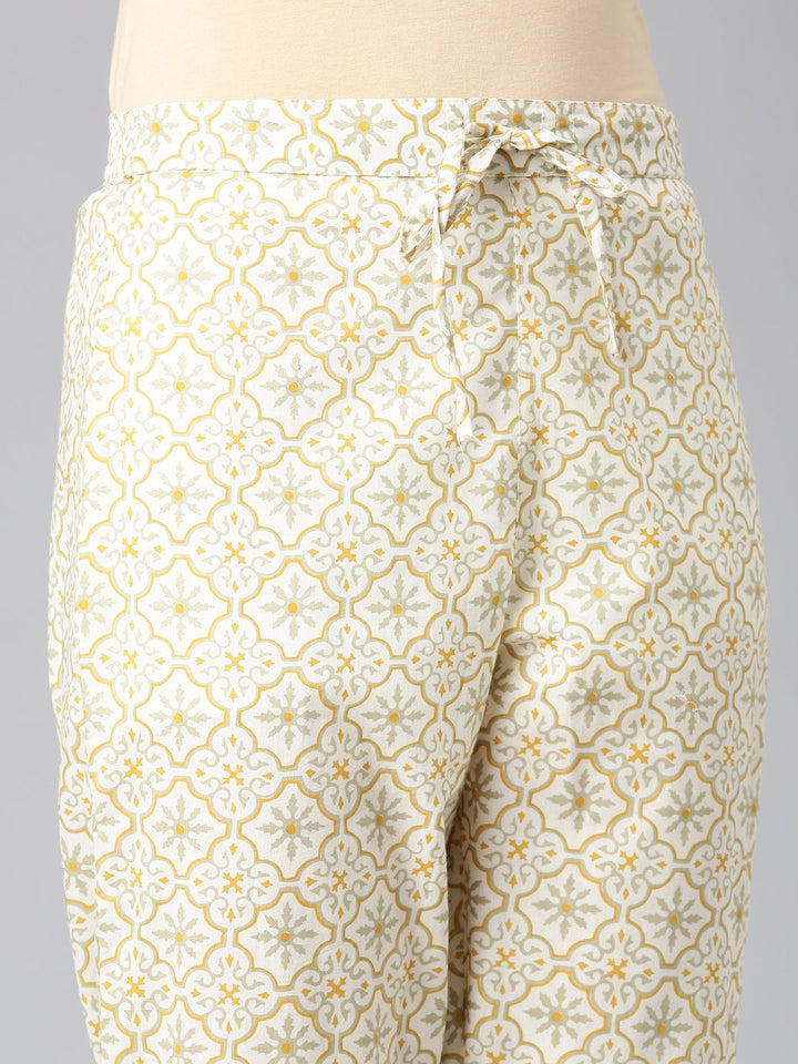 Neerus Cream Printed Straight Kurta and Trousers With Dupatta