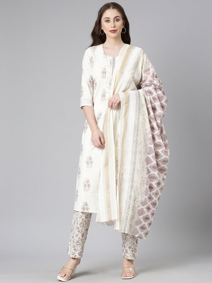 Neerus Cream Printed Straight Kurta and Trousers With Dupatta