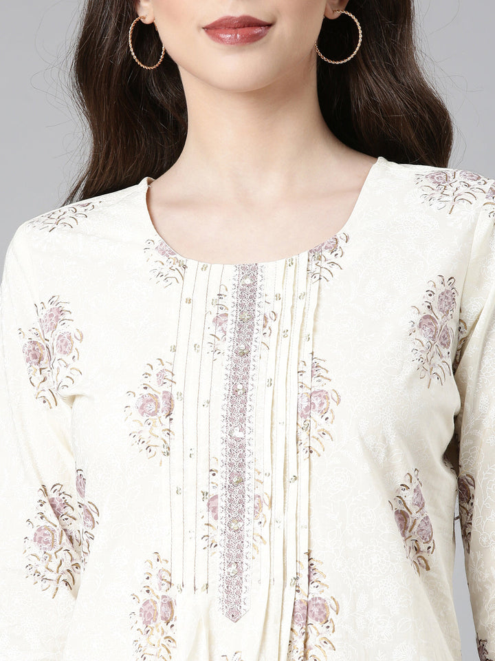 Neerus Cream Printed Straight Kurta and Trousers With Dupatta