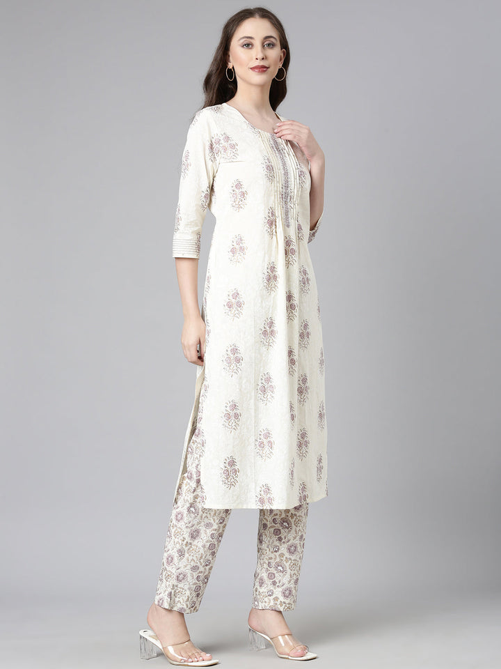 Neerus Cream Printed Straight Kurta and Trousers With Dupatta