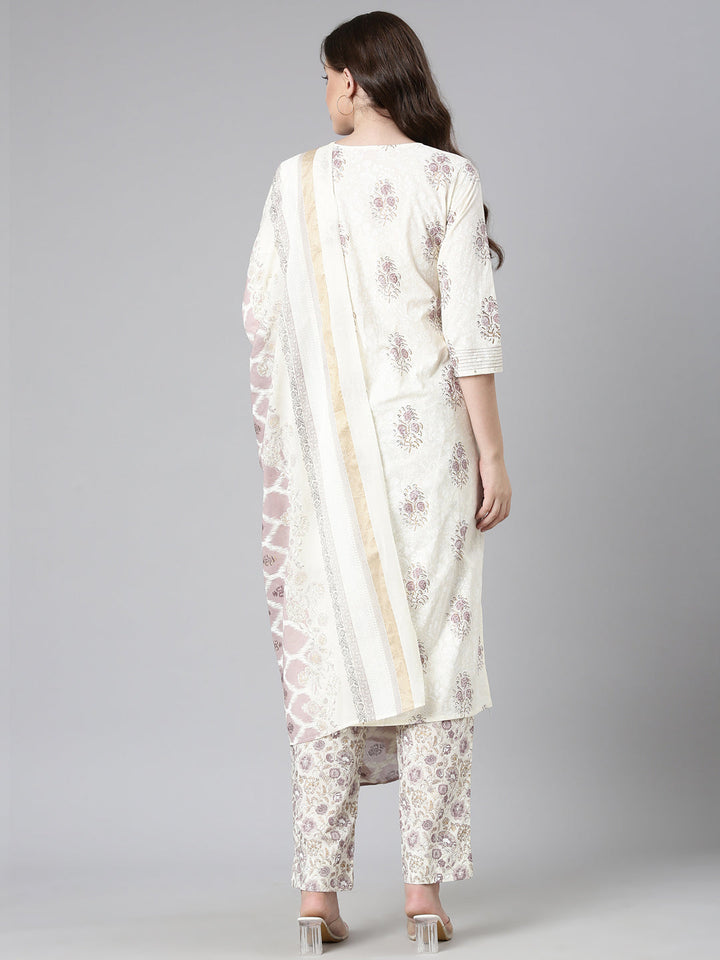 Neerus Cream Printed Straight Kurta and Trousers With Dupatta