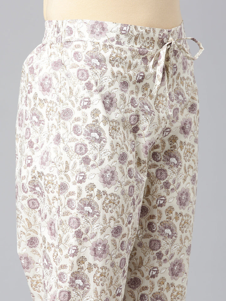 Neerus Cream Printed Straight Kurta and Trousers With Dupatta