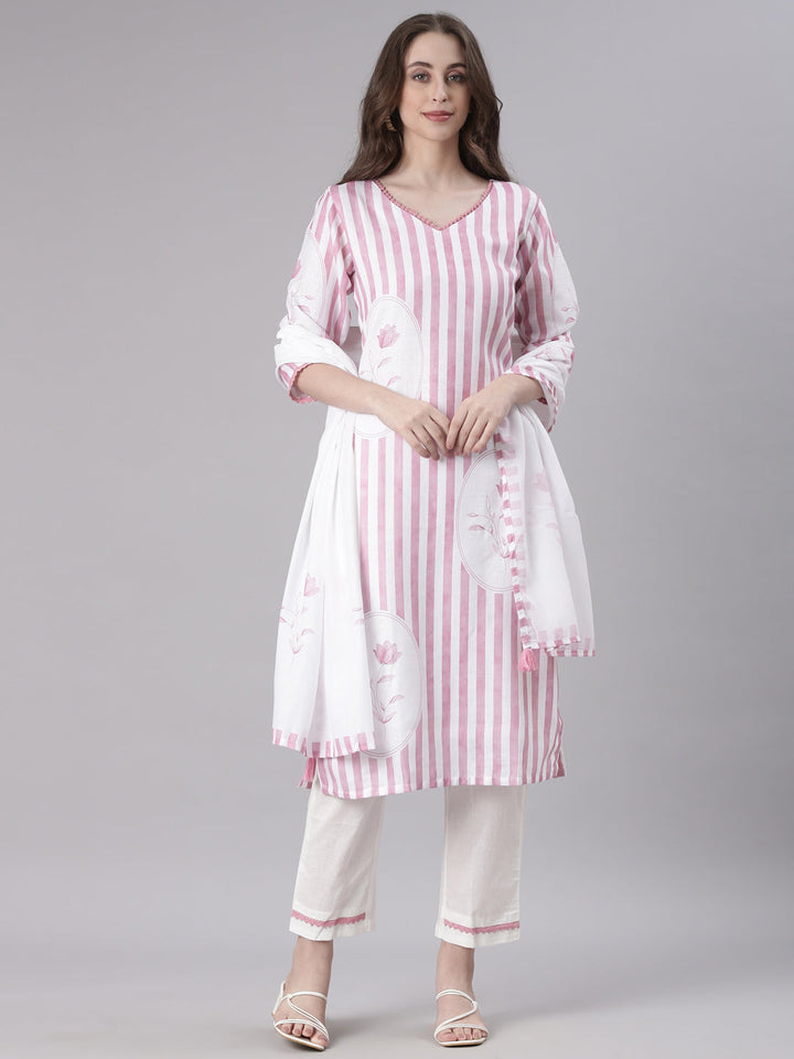Neerus Pink Striped Straight Kurta and Trousers With Dupatta