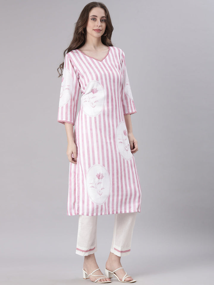 Neerus Pink Striped Straight Kurta and Trousers With Dupatta