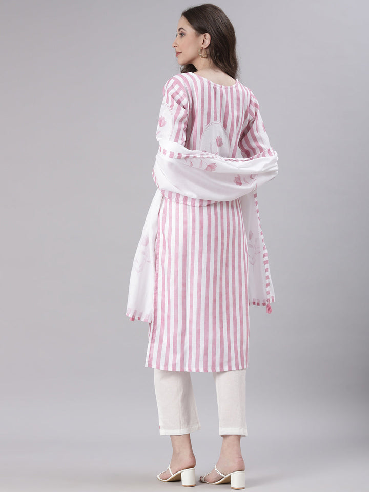 Neerus Pink Striped Straight Kurta and Trousers With Dupatta