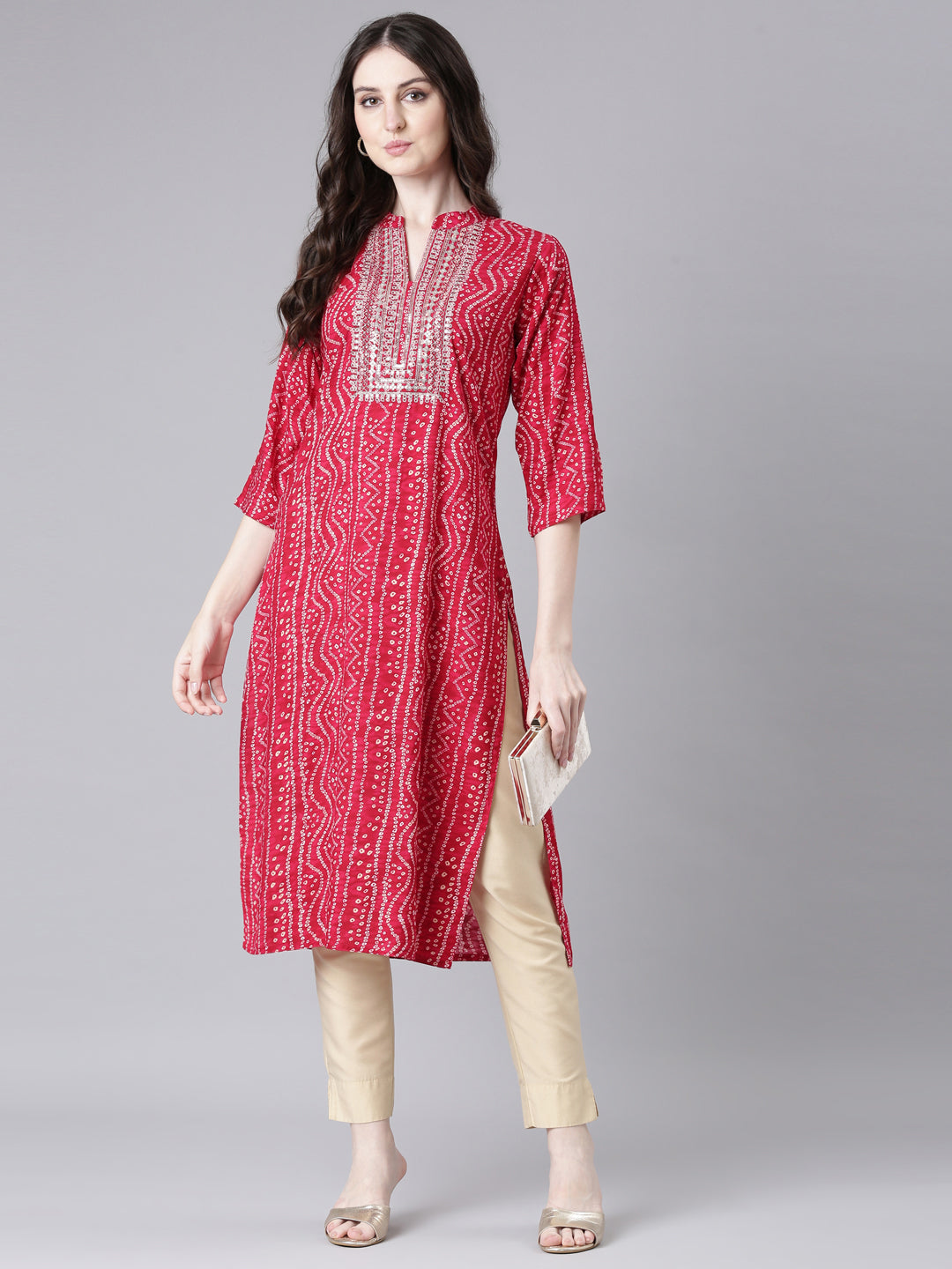 Neerus Pink rayon bandhani printed kurta - detail view 2