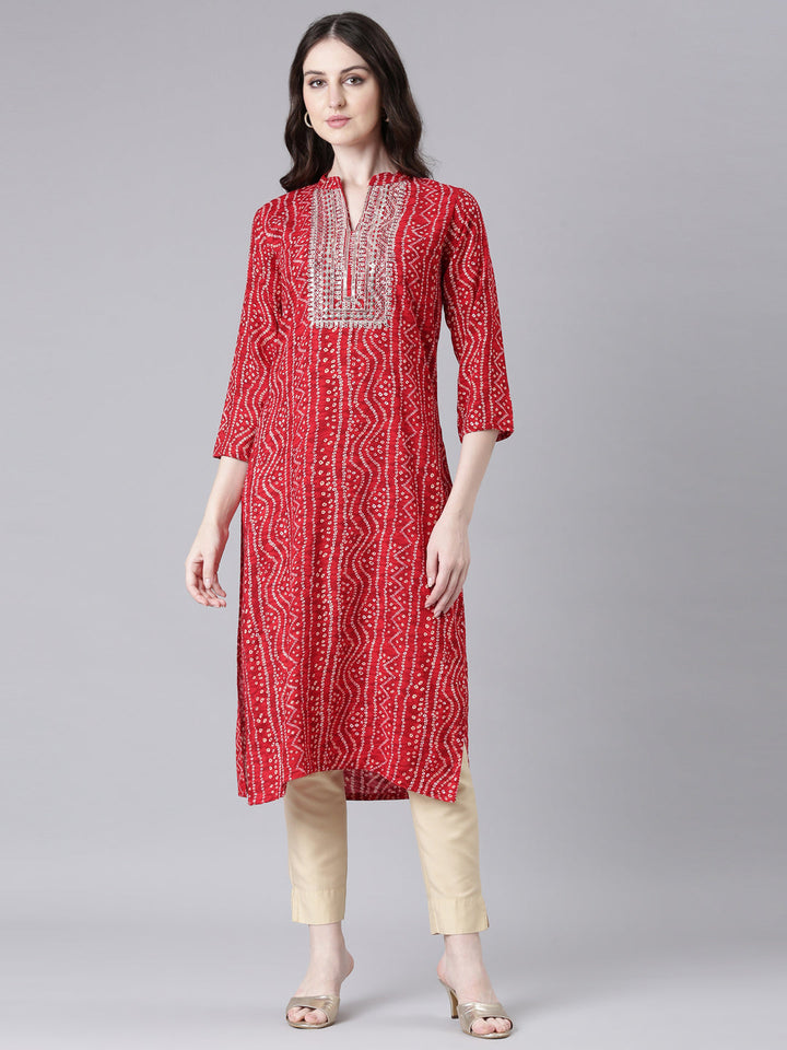Neerus Red rayon bandhani printed straight kurti - front view