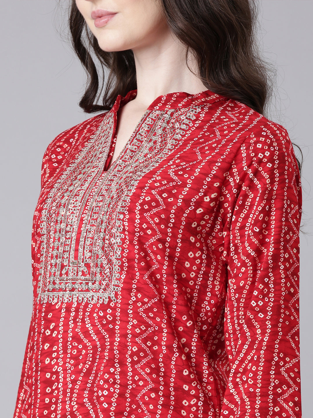 Neerus Red rayon bandhani printed straight kurti - detail view 1