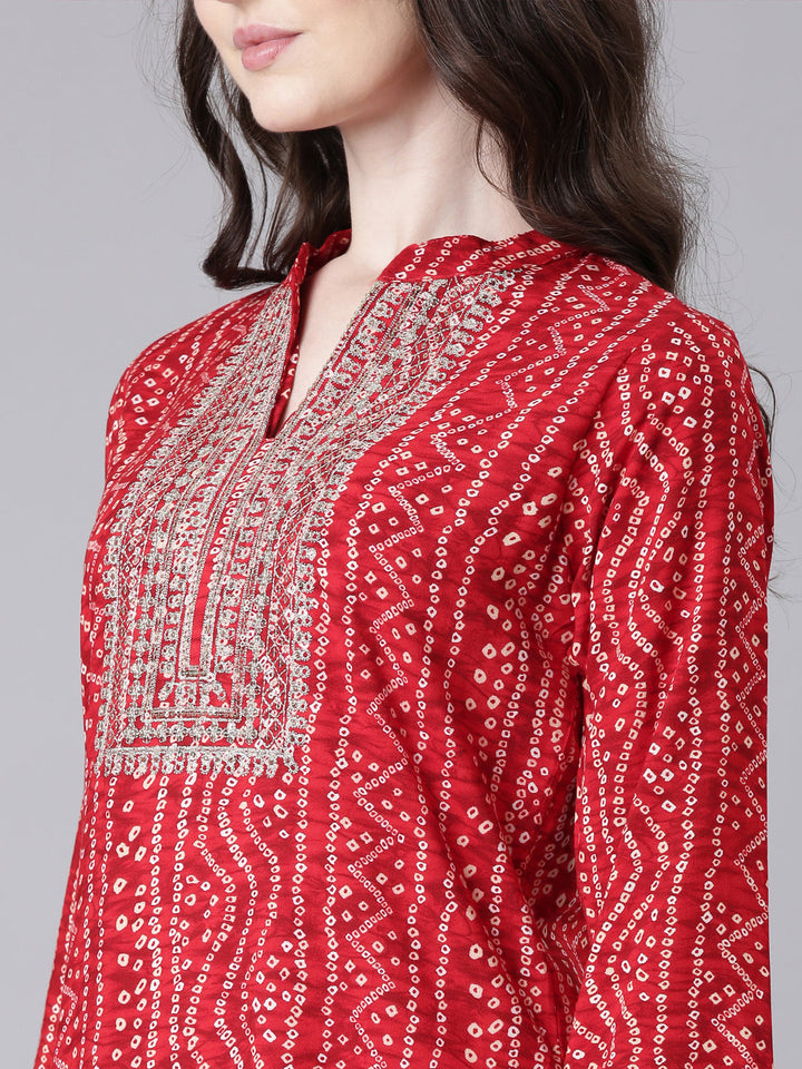 Neerus Red rayon bandhani printed straight kurti - detail view 1