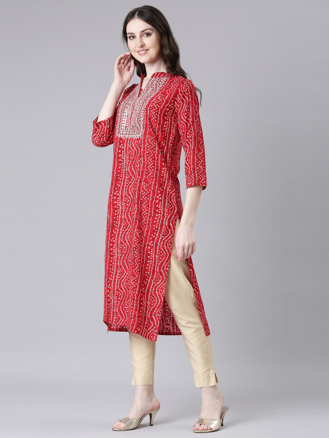 Neerus Red rayon bandhani printed straight kurti - back view