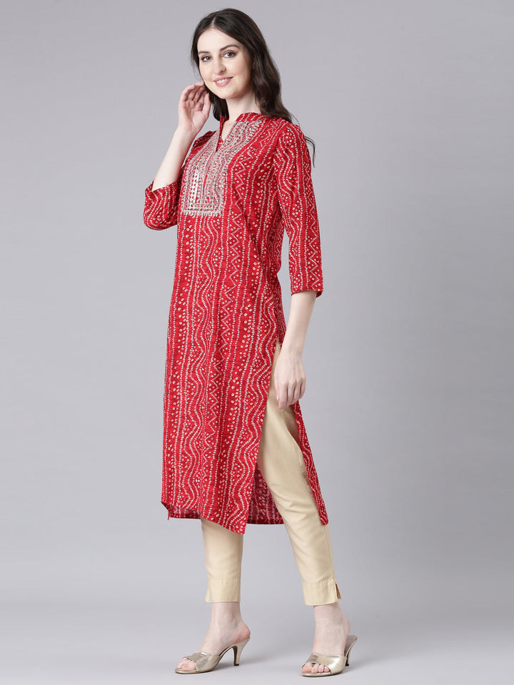 Neerus Red rayon bandhani printed straight kurti - back view