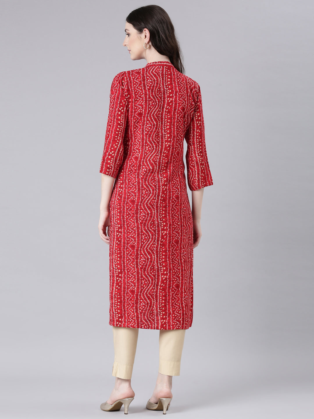 Neerus Red rayon bandhani printed straight kurti - side view