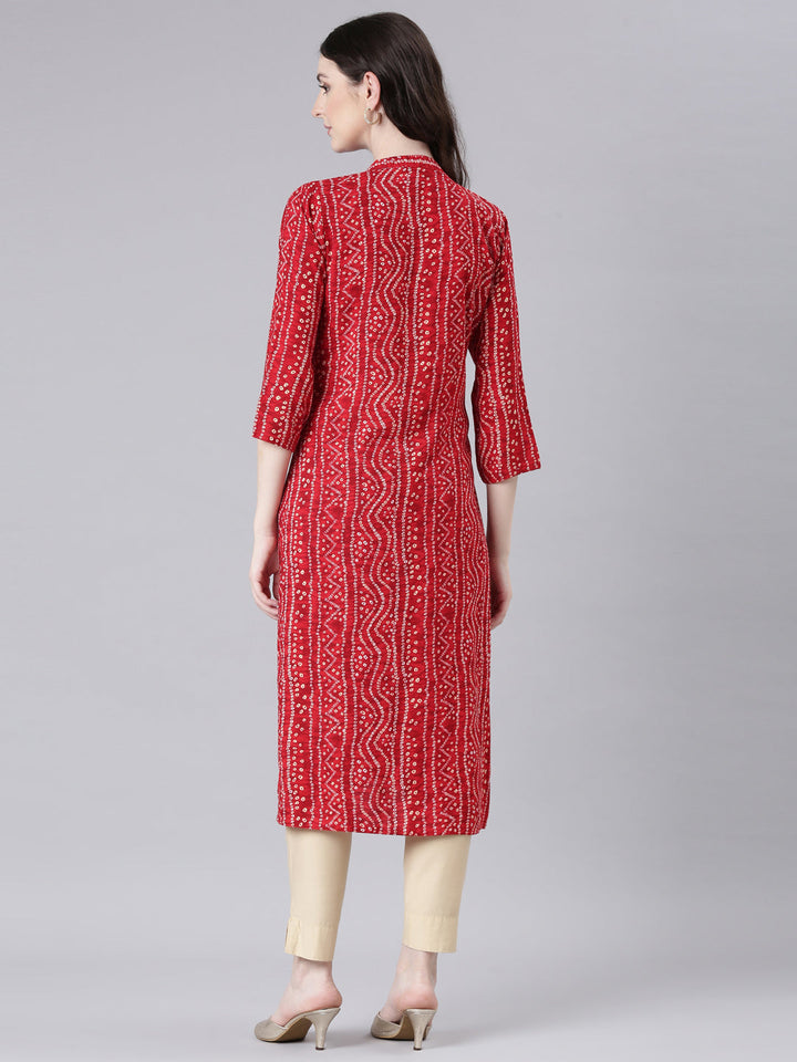 Neerus Red rayon bandhani printed straight kurti - side view