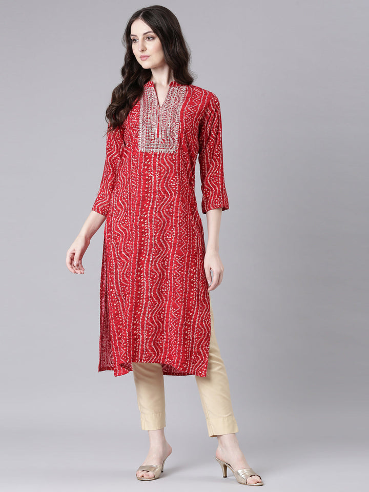 Neerus Red rayon bandhani printed straight kurti - detail view 2