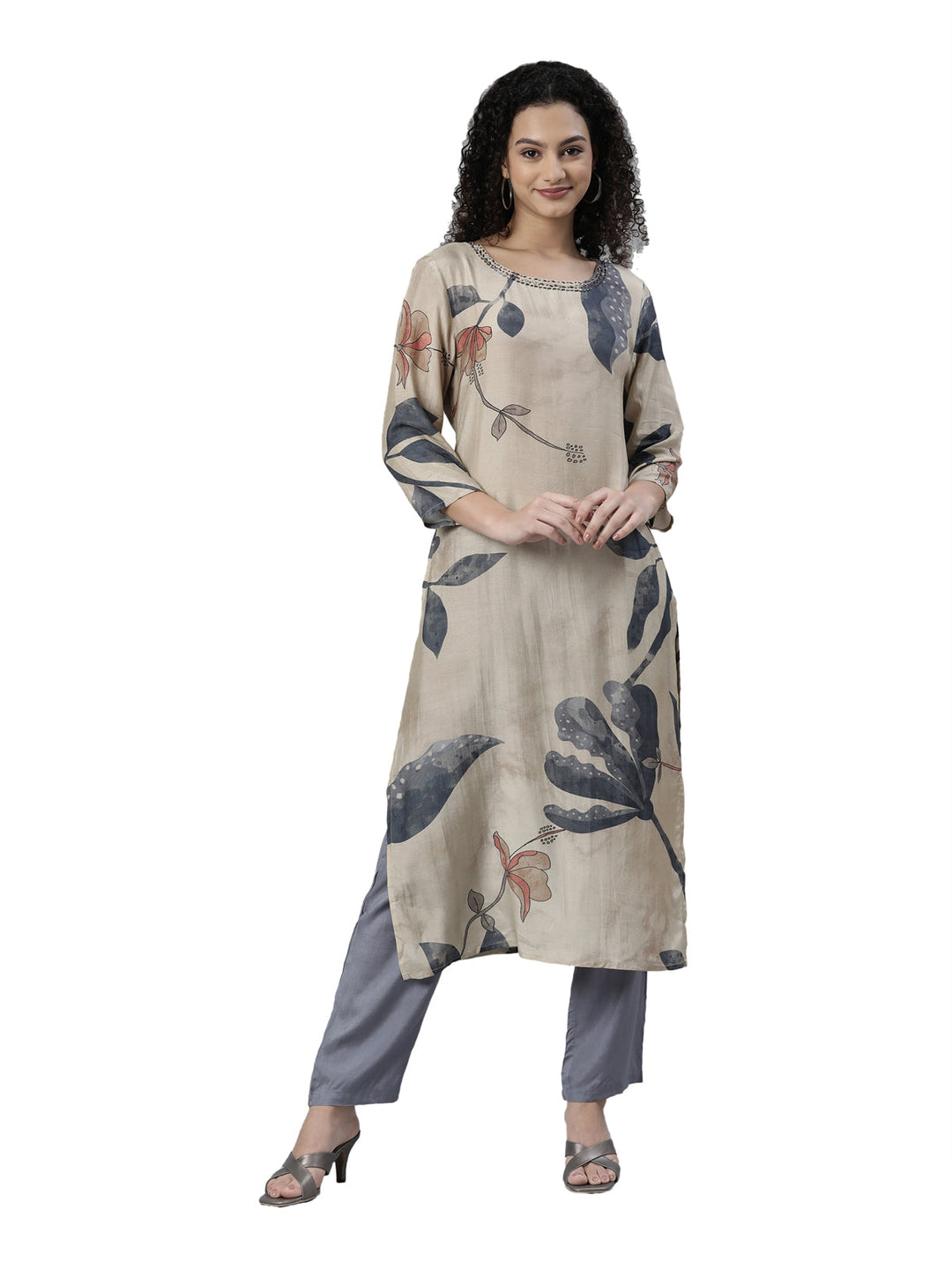 Neerus Beige cotton printed kurta set with trousers - front view