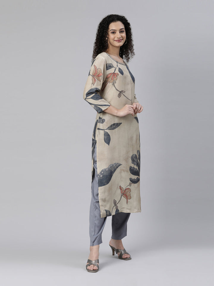 Neerus Beige cotton printed kurta set with trousers - back view