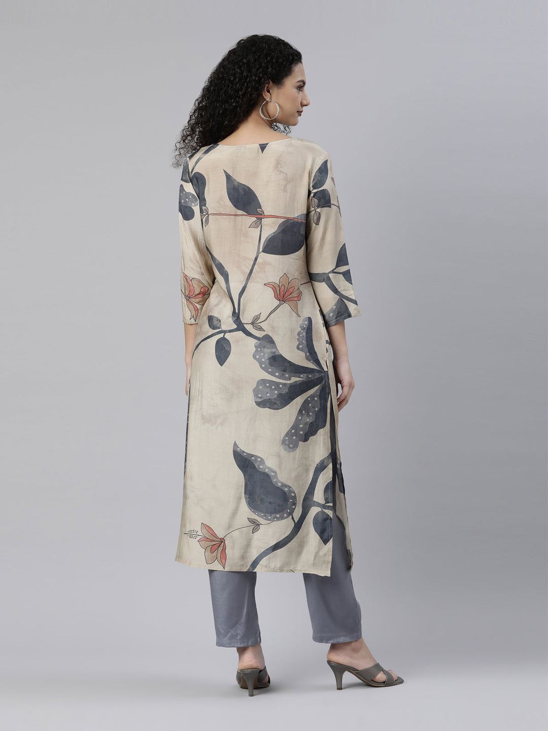 Neerus Beige cotton printed kurta set with trousers - side view