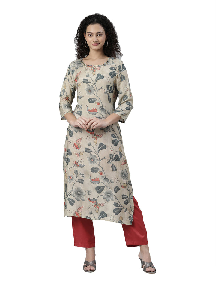 Neerus Beige printed kurta set with trouser - front view