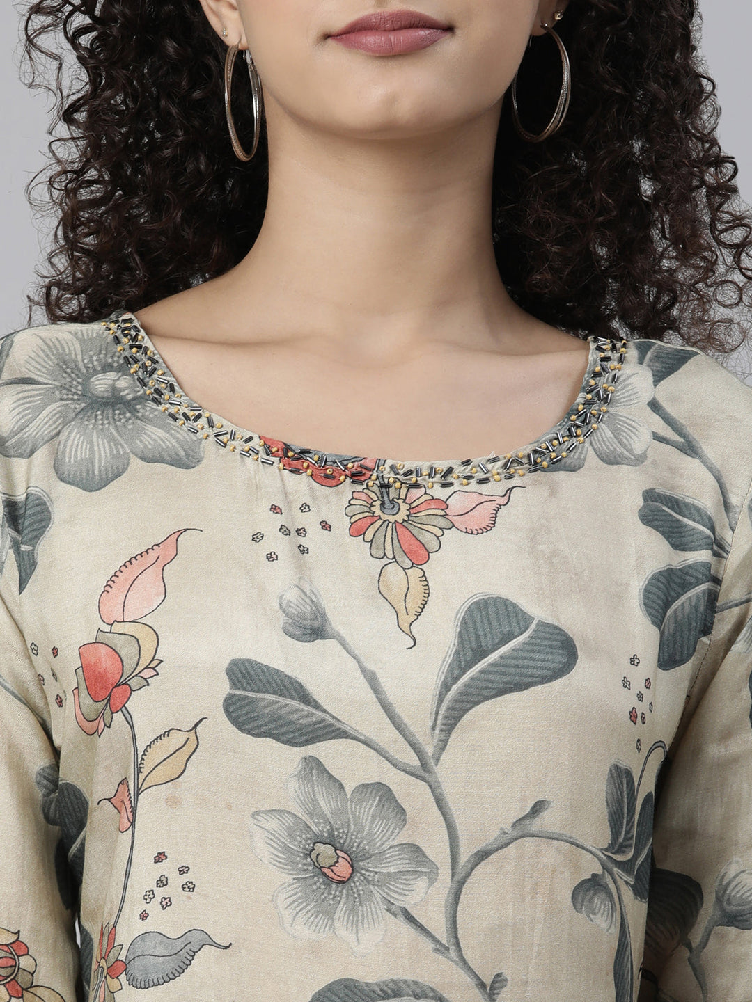 Neerus Beige printed kurta set with trouser - detail view 1