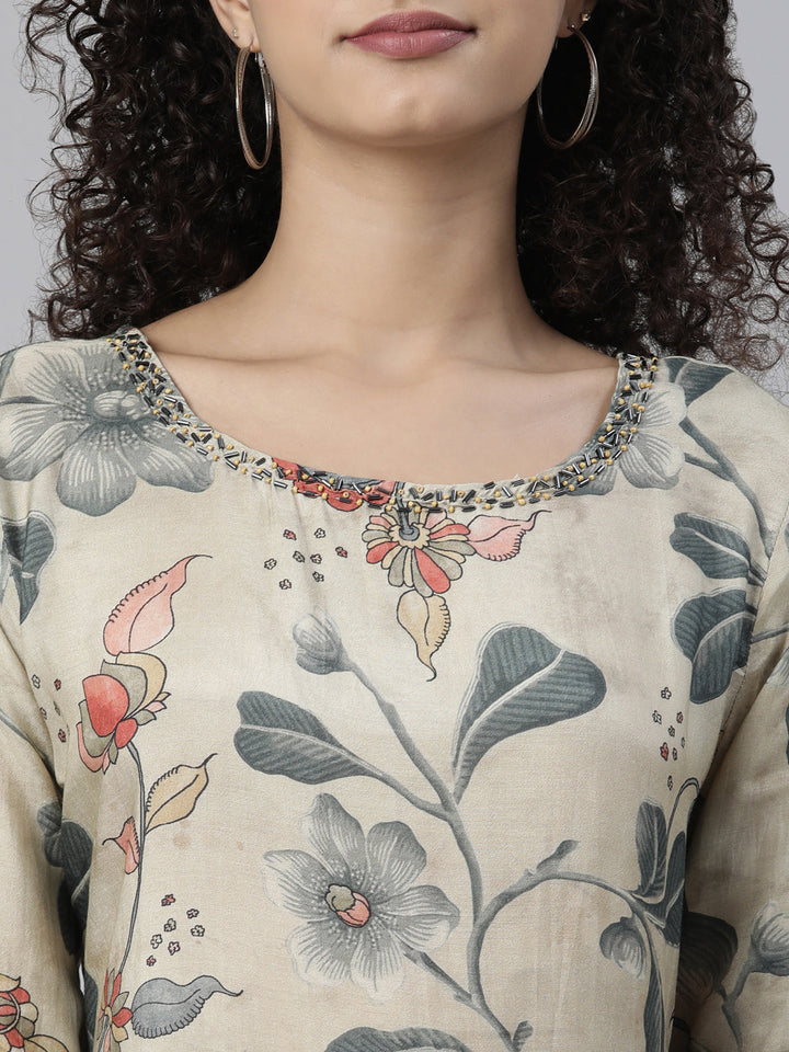 Neerus Beige printed kurta set with trouser - detail view 1