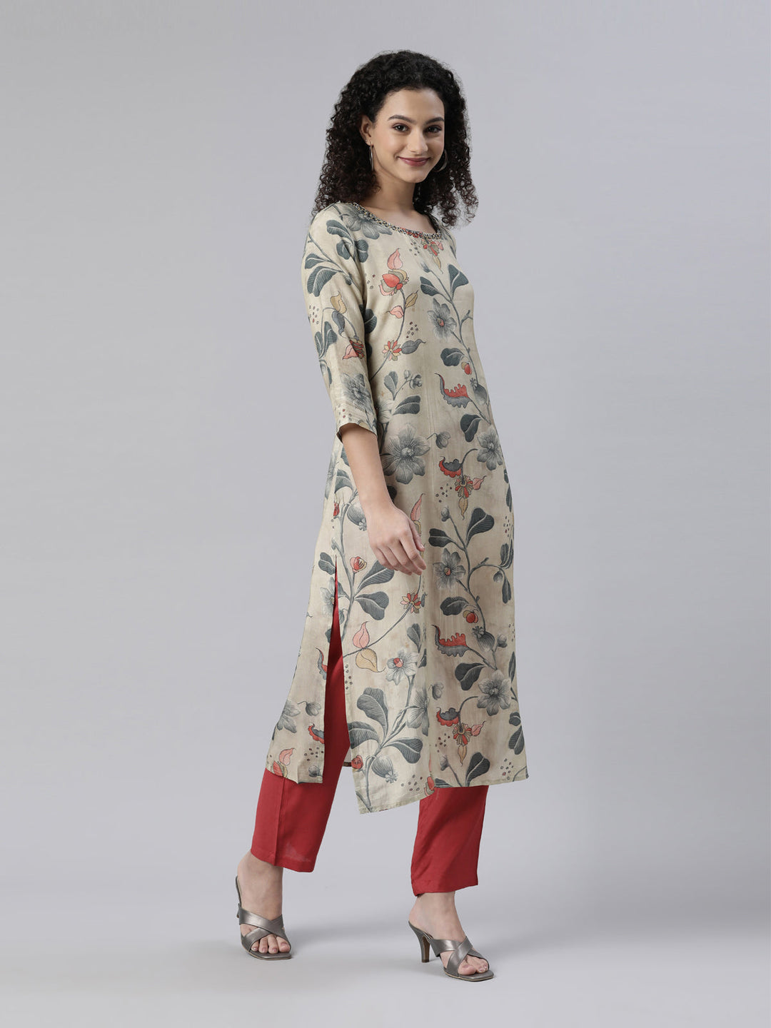 Neerus Beige printed kurta set with trouser - back view