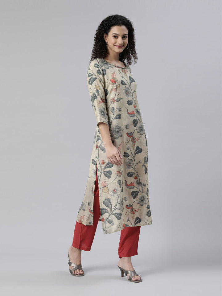 Neerus Beige printed kurta set with trouser - back view