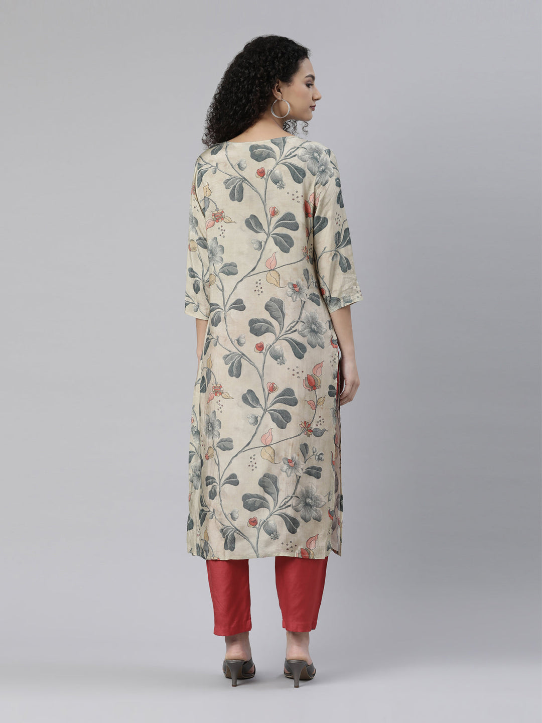 Neerus Beige printed kurta set with trouser - side view