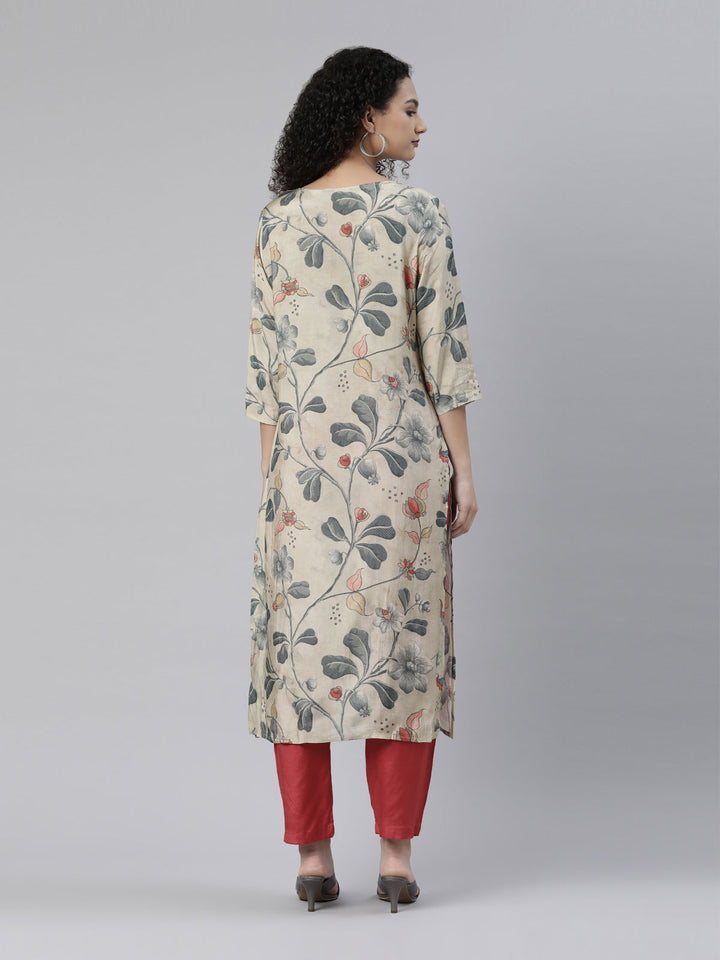 Neerus Beige printed kurta set with trouser - side view