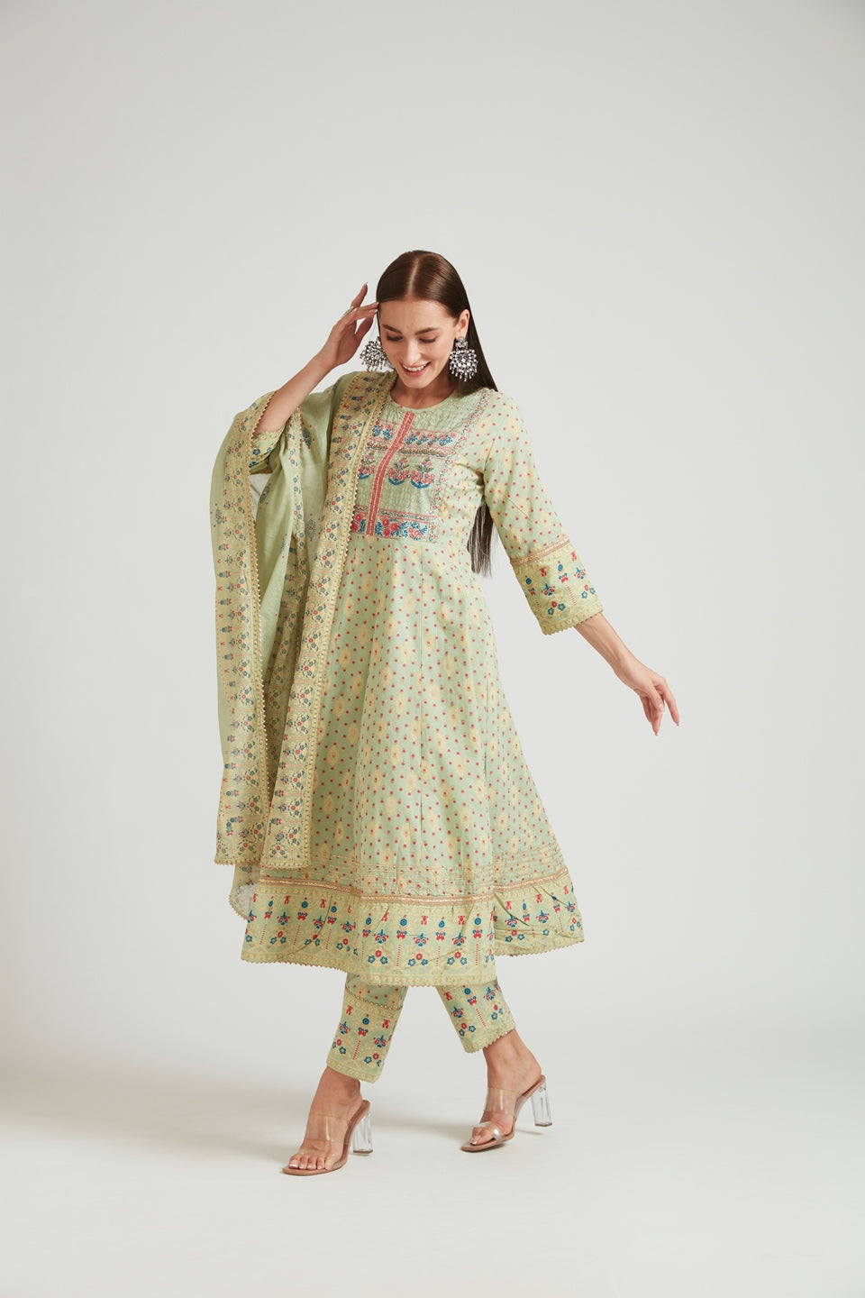 Neerus Green embroidered panelled kurta suit set - front view