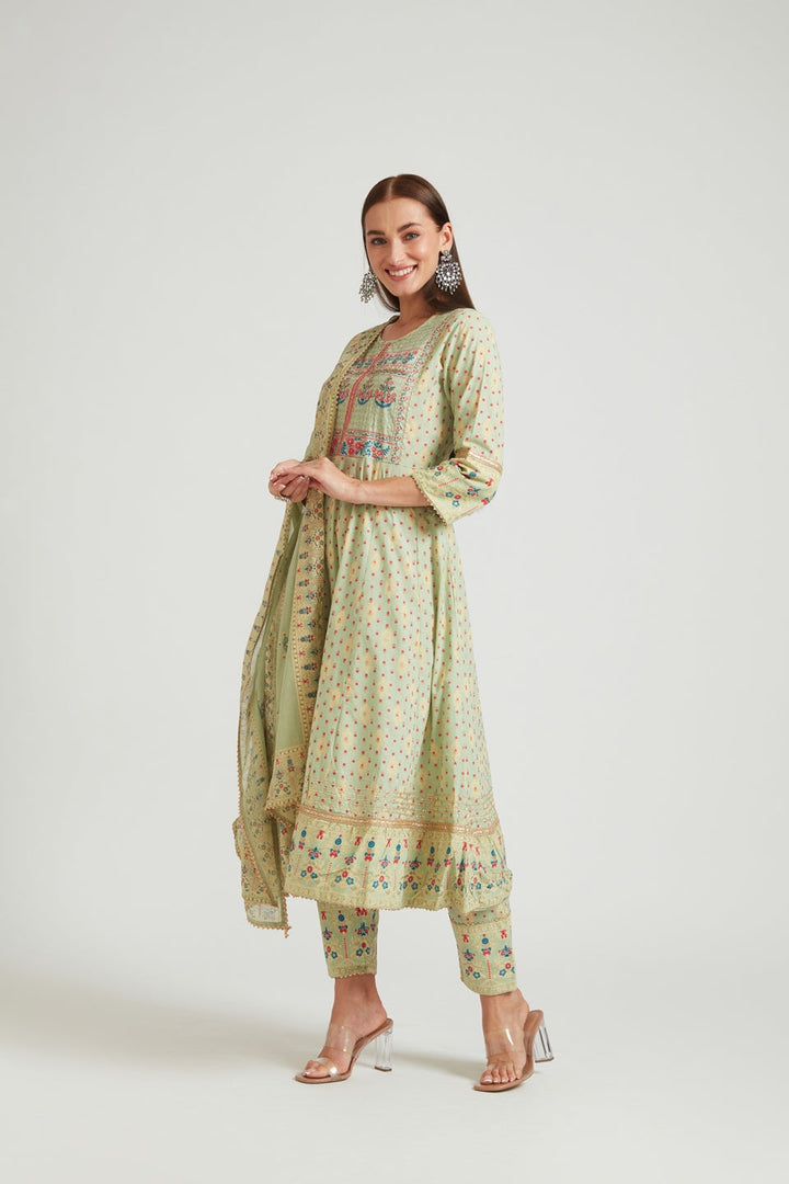 Neerus Green embroidered panelled kurta suit set - back view