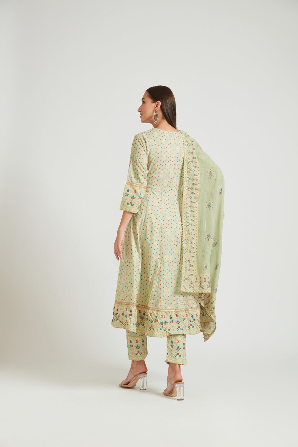 Neerus Green embroidered panelled kurta suit set - detail view 1